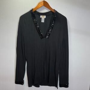 Talbots Black Beaded V-Neck Long Sleeve Top Women’s M Rayon Stretch Elegant